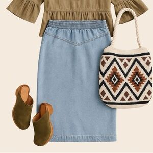 Vintage 90s Elastic Waist Denim Midi Skirt Size 14/16 Light Denim Spring Skirt